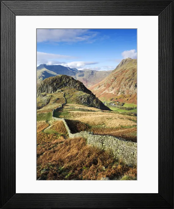 Framed Print : Drystone wall winding across mountain ridge overlooking Great Langdale, Lake District Framed Print : Drystone wall winding across mountain ridge overlooking Great Langdale, Lake District