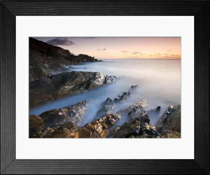 Framed Print : Rocky coast at Sunset, Leas Foot Sand, Thurlestone, South Hams, Devon, England. Winter Framed Print : Rocky coast at Sunset, Leas Foot Sand, Thurlestone, South Hams, Devon, England. Winter