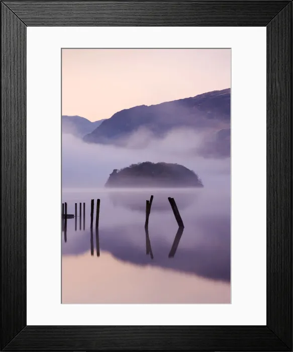 Framed Print : Old wooden jetty and St Herberts Island on Derwent Water at dawn on a misty Framed Print : Old wooden jetty and St Herberts Island on Derwent Water at dawn on a misty