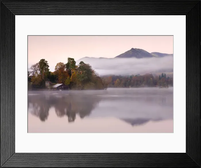 Framed Print : Boathouse on a misty Derwent Water, Lake District National Park, Cumbria, England