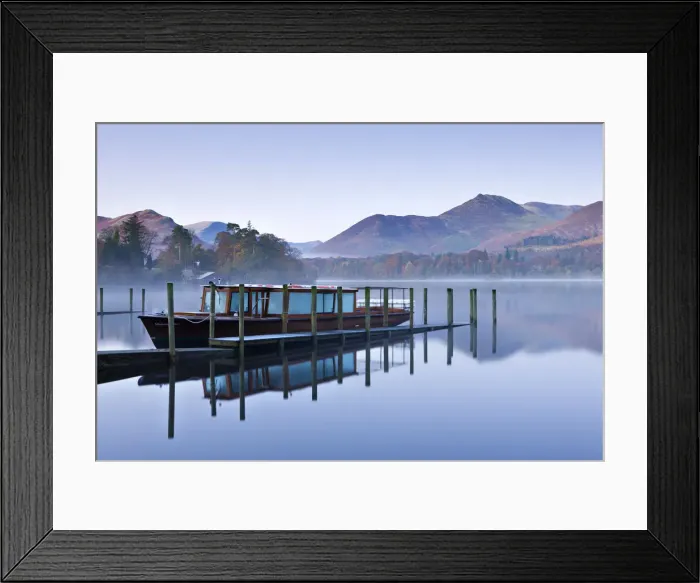 Framed Print : Lakeland Mist pleasure boat moored on a placid Derwent Water on a misty and frosty Framed Print : Lakeland Mist pleasure boat moored on a placid Derwent Water on a misty and frosty