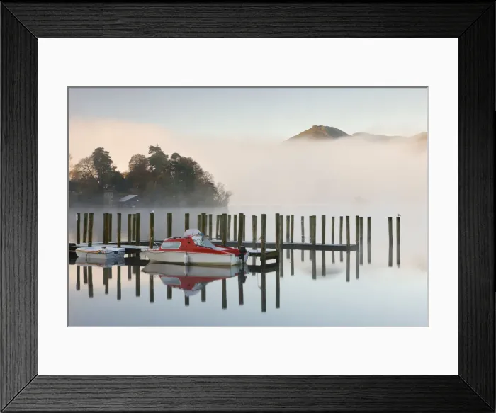 Framed Print : Tethered boats on Derwent Water on a misty morning, Lake District National Park, Cumbria