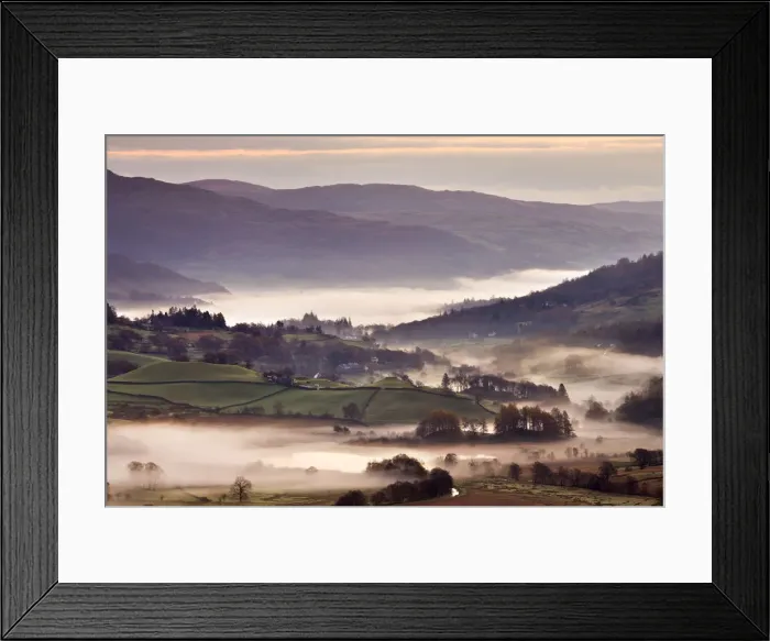Framed Print : Little Langdale surrounded by mist at dawn, Lake District National Park, Cumbria, England Framed Print : Little Langdale surrounded by mist at dawn, Lake District National Park, Cumbria, England