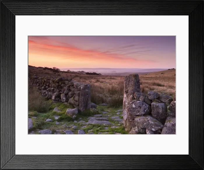 Framed Print : Dry stone wall and open gateway through moorland at sunrise, Dartmoor, Devon, England Framed Print : Dry stone wall and open gateway through moorland at sunrise, Dartmoor, Devon, England