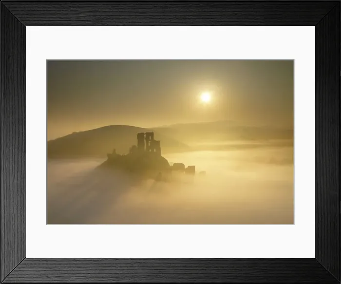 Framed Print : Mist below Corfe Castle at Sunrise, Dorset, England Framed Print : Mist below Corfe Castle at Sunrise, Dorset, England