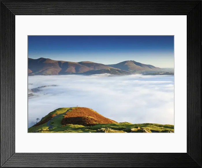 Framed Print : Hiker Overlooking Low Cloud From Catbells, Lake District National Park, Cumbria, England Framed Print : Hiker Overlooking Low Cloud From Catbells, Lake District National Park, Cumbria, England