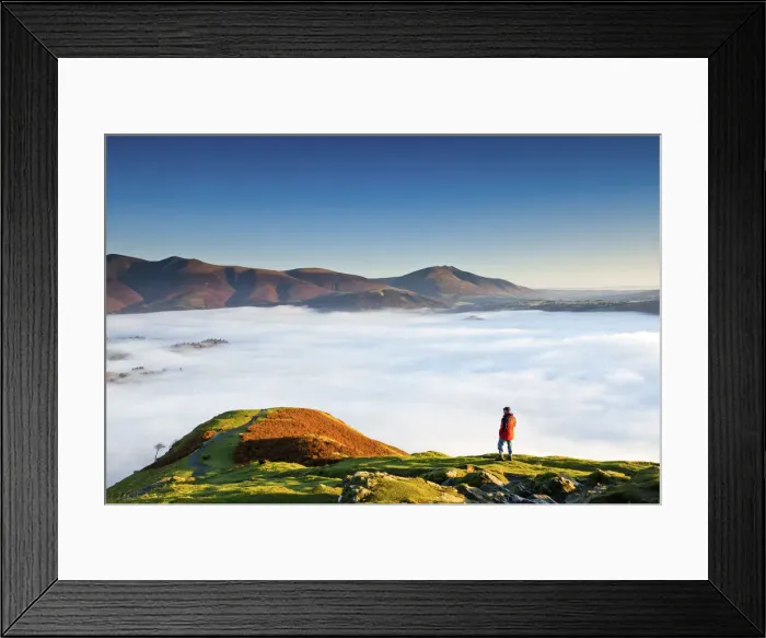 Framed Print : Hiker Overlooking Low Cloud From Catbells, Lake District National Park, Cumbria, England Framed Print : Hiker Overlooking Low Cloud From Catbells, Lake District National Park, Cumbria, England