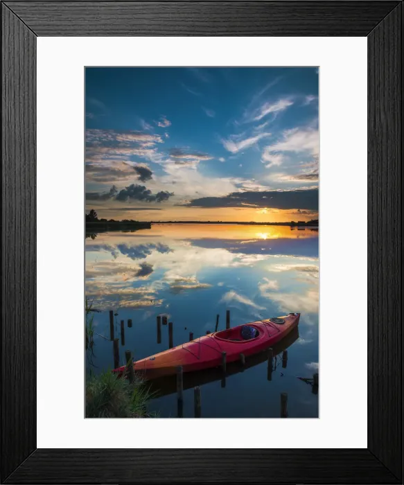 Framed Print : Red Kayak on Hersey Mere at Sunset, Norfolk Broads National Park, Norfolk, England Framed Print : Red Kayak on Hersey Mere at Sunset, Norfolk Broads National Park, Norfolk, England