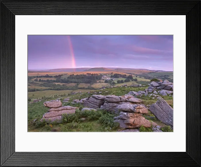 Framed Print : Rainbow over Dartmoor at dawn, Holwell Tor, Dartmoor, Devon, England. Summer (August) Framed Print : Rainbow over Dartmoor at dawn, Holwell Tor, Dartmoor, Devon, England. Summer (August)
