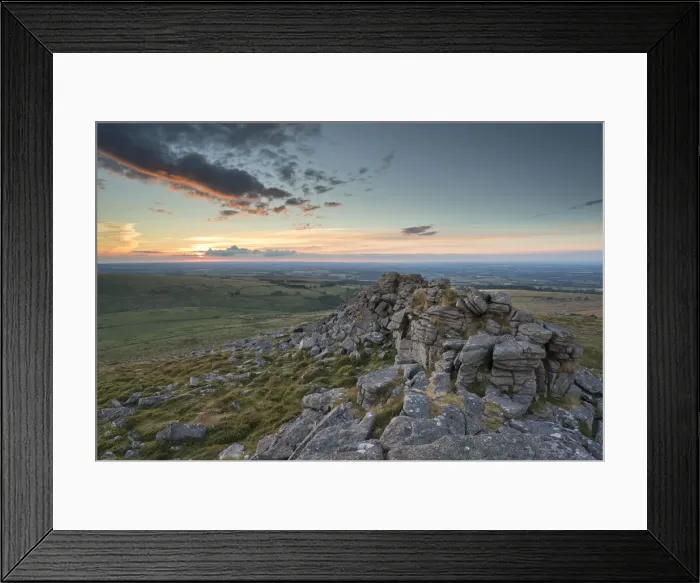 Framed Print : Summer sunset over Dartmoor National Park, Devon, England. Summer (July)