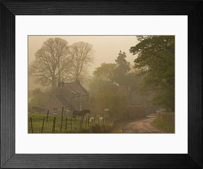 Framed Print : Cottages in the village of Chillingham on a misty Spring morning, Northumberland, England Framed Print : Cottages in the village of Chillingham on a misty Spring morning, Northumberland, England