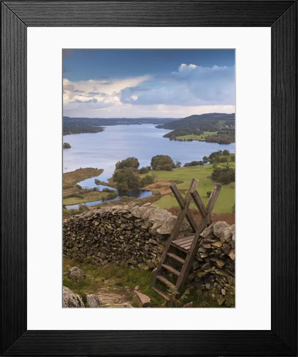 Framed Print : Drystone wall and stile above Windermere in the Lake District, Cumbria, England. Autumn Framed Print : Drystone wall and stile above Windermere in the Lake District, Cumbria, England. Autumn