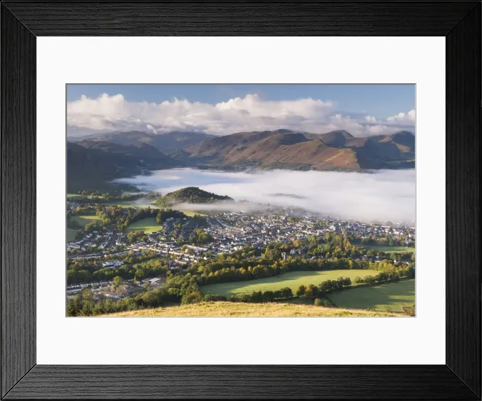 Framed Print : Keswick and mist covered Derwent Water at dawn, Lake District, Cumbria, England. Autumn Framed Print : Keswick and mist covered Derwent Water at dawn, Lake District, Cumbria, England. Autumn