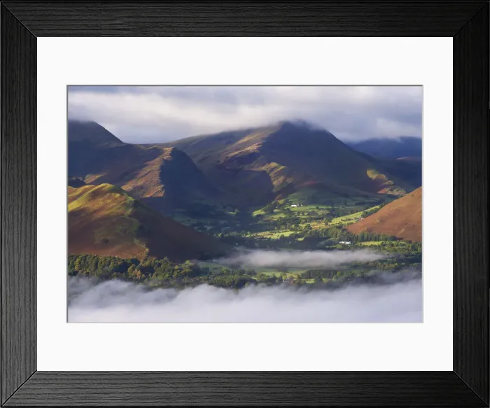 Framed Print : Newlands Valley surrounded by mist at dawn, Lake District, Cumbria, England. Autumn Framed Print : Newlands Valley surrounded by mist at dawn, Lake District, Cumbria, England. Autumn