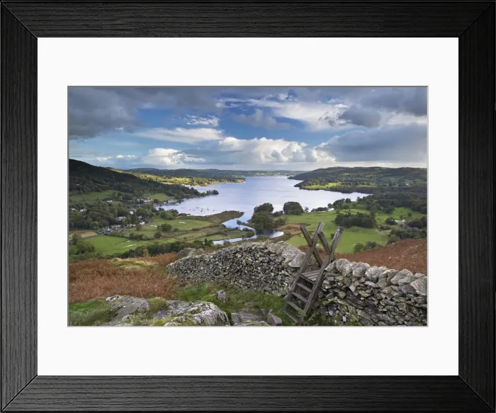 Framed Print : Footpath stile over dry stone wall, overlooking Lake Windermere, Lake District, Cumbria Framed Print : Footpath stile over dry stone wall, overlooking Lake Windermere, Lake District, Cumbria
