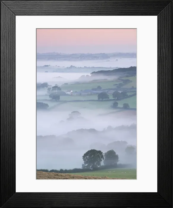 Framed Print : Mist covered countryside at dawn, Stockleigh Pomeroy, Devon, England. Autumn (September)
