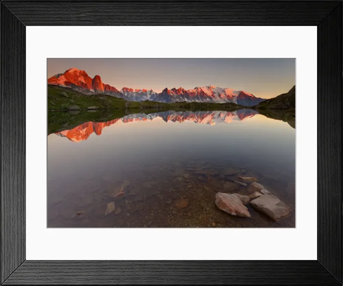 Framed Print : Little alpine lake, reflecting the Mont Blanc massif, in the sunset (French alps) Framed Print : Little alpine lake, reflecting the Mont Blanc massif, in the sunset (French alps)