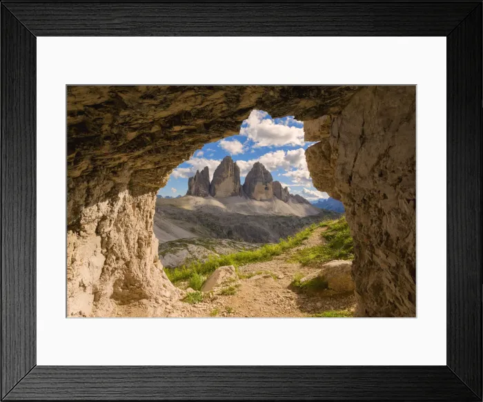 Framed Print : Three peaks of Lavaredo views from a cave, Bolzano Province, Trentino Alto Adige, Italy Framed Print : Three peaks of Lavaredo views from a cave, Bolzano Province, Trentino Alto Adige, Italy