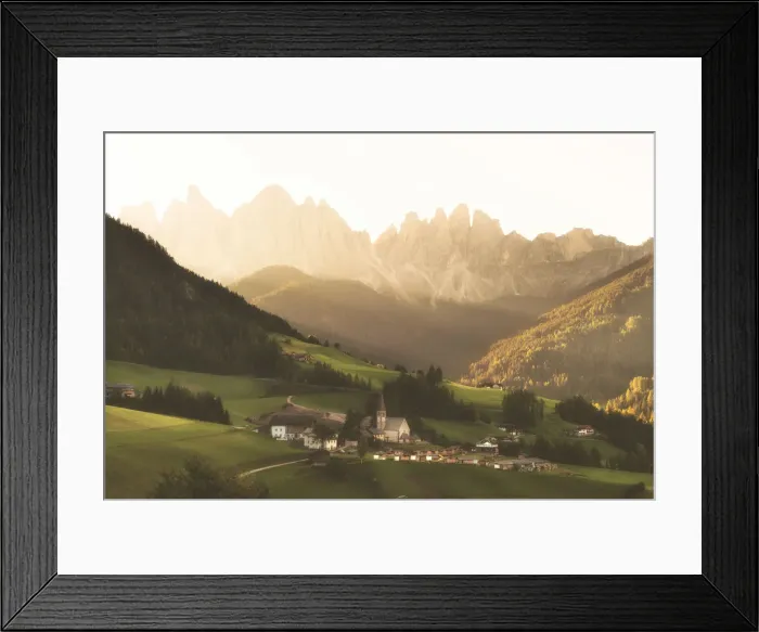 Framed Print : Sankt Magdalena at Sunrise in Funes valley, Odle Natural park in Trentino Alto Adige Framed Print : Sankt Magdalena at Sunrise in Funes valley, Odle Natural park in Trentino Alto Adige
