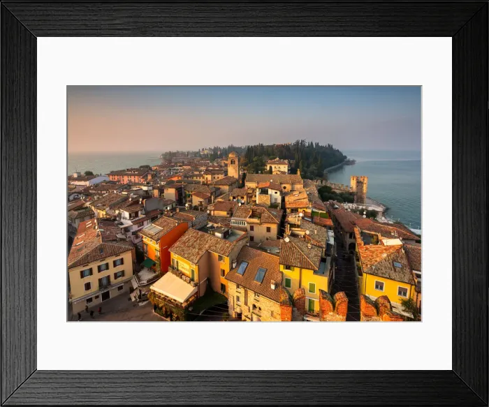 Framed Print : Sirmione seen from the Scaligero castle at sunset, Brescia province, Lombardy district Framed Print : Sirmione seen from the Scaligero castle at sunset, Brescia province, Lombardy district