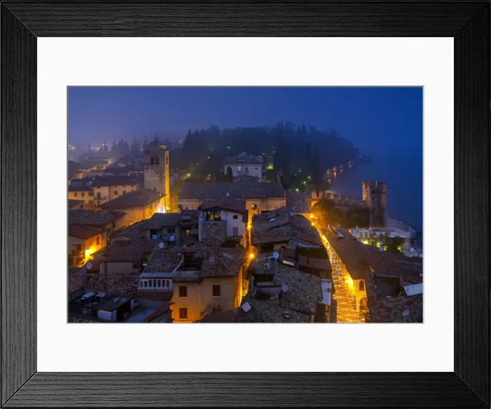 Framed Print : Sirmione seen from the Scaligero castle at the blue hour, Brescia province, Lombardy Framed Print : Sirmione seen from the Scaligero castle at the blue hour, Brescia province, Lombardy