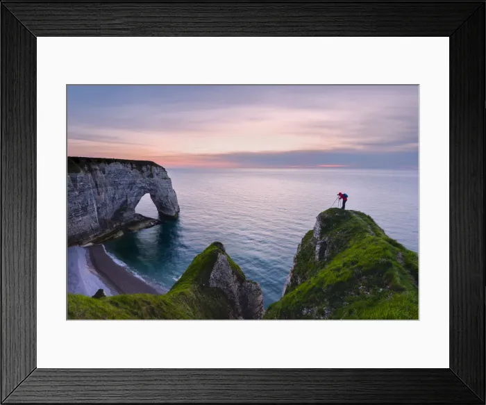 Framed Print : The photographer over the cliff in Etretat at sunset in Normandy, France, Europe
