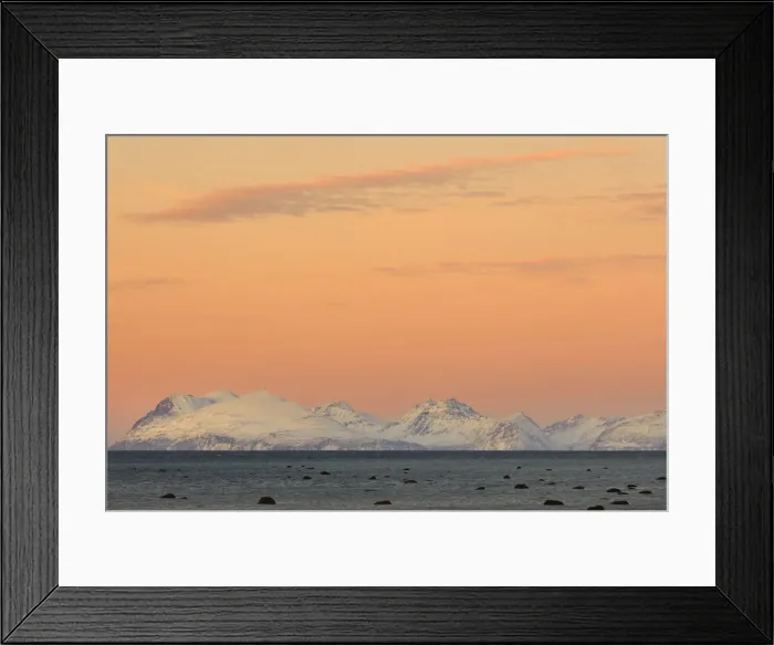 Framed Print : The colors of the sunset reflected in the fjord. Nordmannvik, Kafjord, Lyngen Alps Framed Print : The colors of the sunset reflected in the fjord. Nordmannvik, Kafjord, Lyngen Alps