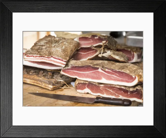 Framed Print : a detail of the famous Speck, a typical south tyrolean food, Bolzano province, South Framed Print : a detail of the famous Speck, a typical south tyrolean food, Bolzano province, South