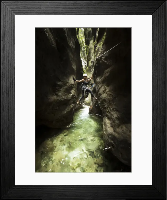 Framed Print : a hiker is climbing along the Stretta di Luina klettersteig, Casto, Brescia province Framed Print : a hiker is climbing along the Stretta di Luina klettersteig, Casto, Brescia province