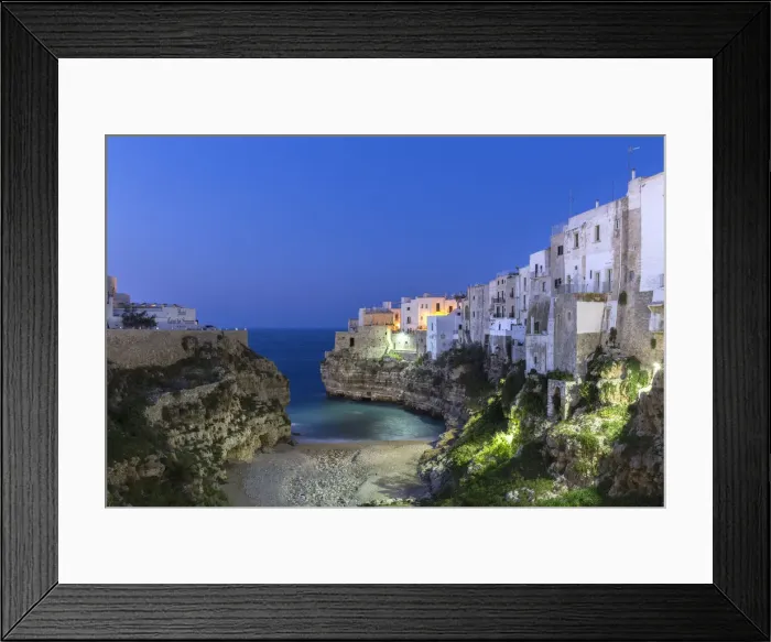 Framed Print : Night view of the cove Lama Monachile Cala Porto of Polignano a Mare. Bari district Framed Print : Night view of the cove Lama Monachile Cala Porto of Polignano a Mare. Bari district