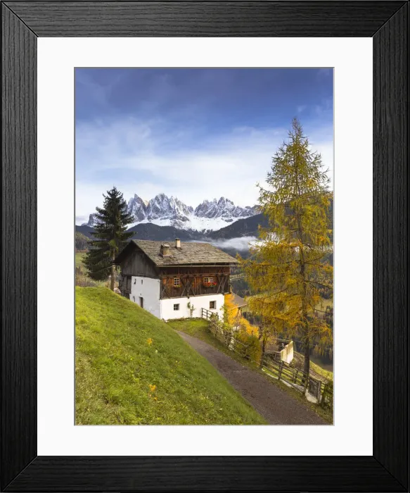 Framed Print : the typical alpine hut in Villnossertal with the Geisler Group in the background Framed Print : the typical alpine hut in Villnossertal with the Geisler Group in the background