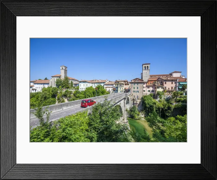 Framed Print : red car passes over the Devils bridge (Ponte del Diavolo) on the Natisone river Framed Print : red car passes over the Devils bridge (Ponte del Diavolo) on the Natisone river