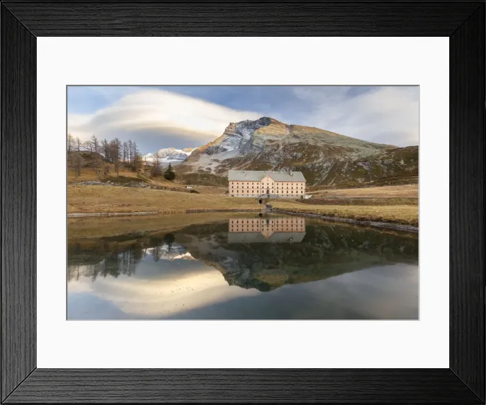 Framed Print : Reflection of the new hospice and Monte Leone in a small pond at the top of the Simplon Framed Print : Reflection of the new hospice and Monte Leone in a small pond at the top of the Simplon