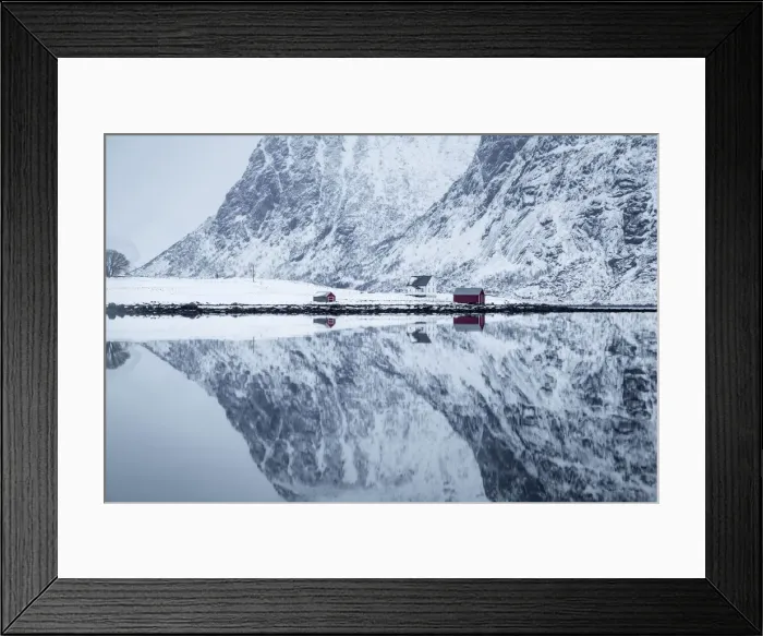 Framed Print : Iconic rorbuer reflecting itself on a lake, Lofoten Island, Norway Framed Print : Iconic rorbuer reflecting itself on a lake, Lofoten Island, Norway