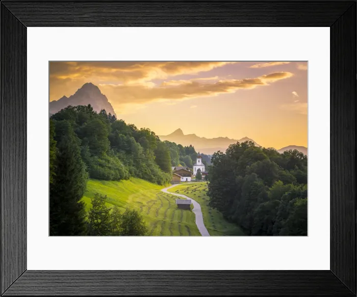 Framed Print : The iconic Wamberg Church, with Mount Alpspitze and Zugspitze on the background. Wamberg Framed Print : The iconic Wamberg Church, with Mount Alpspitze and Zugspitze on the background. Wamberg