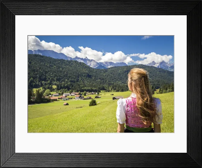 Framed Print : A girl in typical dress into the alpine landscape of GErold, Garmisch Partenkirchen Land Framed Print : A girl in typical dress into the alpine landscape of GErold, Garmisch Partenkirchen Land