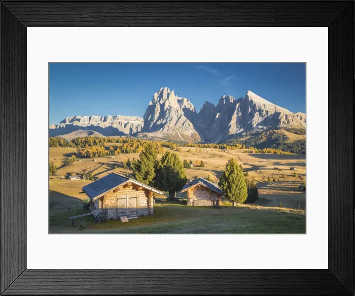 Framed Print : Alpe di Siusi with Mount Sassolungo and Mount Sassopiatto on yhe background, South tyrol