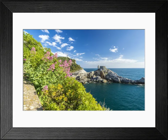 Framed Print : Flowers and blue sea frame the old castle and church on the promontory Portovenere Framed Print : Flowers and blue sea frame the old castle and church on the promontory Portovenere