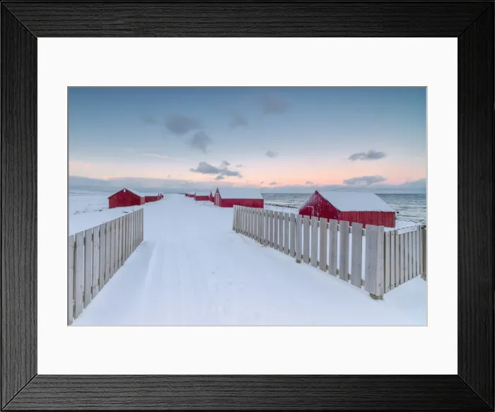 Framed Print : Pink light and snow surround the typical fishermen houses called Rorbu at Eggum Vestvagoy Island Lofoten Islands Norway Europe