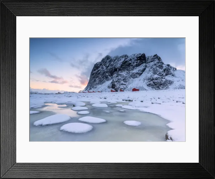 Framed Print : Snowy peaks and ice frame the typical fishermen houses called Rorbu Eggum Vestvagoy Framed Print : Snowy peaks and ice frame the typical fishermen houses called Rorbu Eggum Vestvagoy