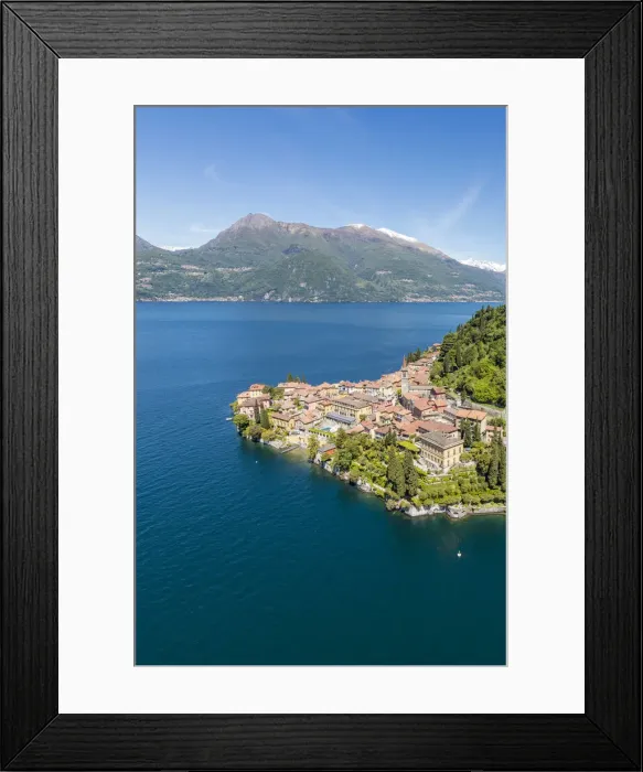 Framed Print : Aerial view of the village of Varenna frames by the blue water of Lake Como Lecco