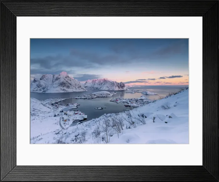Framed Print : The pink colors of sunset and snowy peaks surround the fishing villages Reine Nordland Framed Print : The pink colors of sunset and snowy peaks surround the fishing villages Reine Nordland