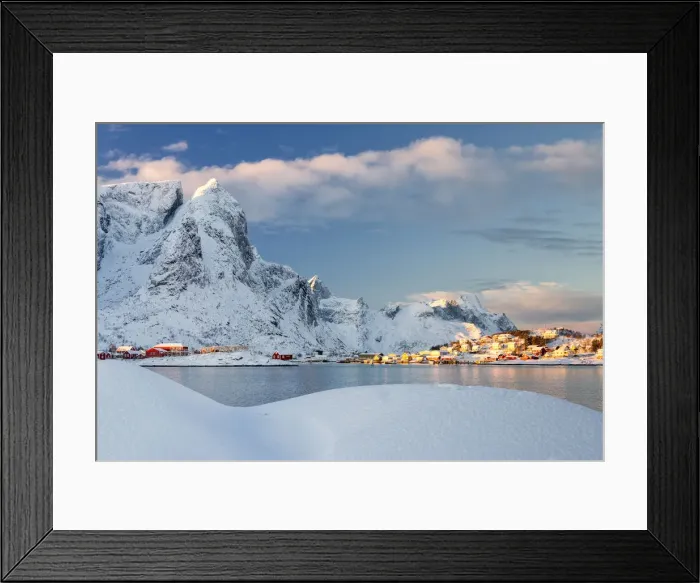 Framed Print : Sun on fishing village surrounded by snowy peaks and frozen sea Kvalvika Andoya Reine Nordland Lofoten Islands Norway Europe Framed Print : Sun on fishing village surrounded by snowy peaks and frozen sea Kvalvika Andoya Reine Nordland Lofoten Islands Norway Europe