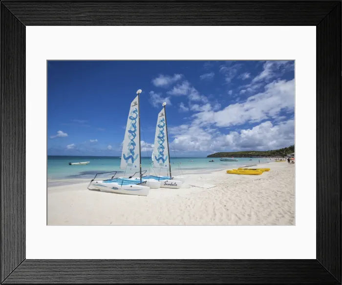 Framed Print : Catamarans on the beach ready to sail in the blue Caribbean Sea Dickenson Bay Antigua Framed Print : Catamarans on the beach ready to sail in the blue Caribbean Sea Dickenson Bay Antigua