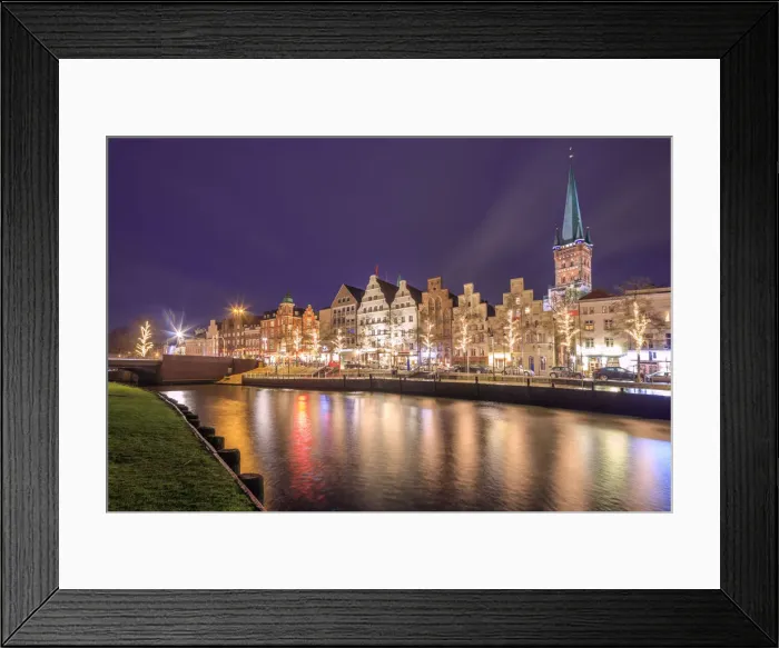 Framed Print : Night view of typical houses and the cathedral reflected in river Trave Lubeck Schleswig Framed Print : Night view of typical houses and the cathedral reflected in river Trave Lubeck Schleswig
