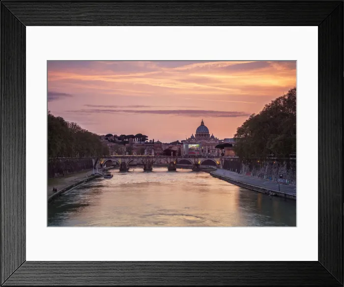 Framed Print : A romantic sunset on Tiber River with bridge Umberto I and Basilica di San Pietro