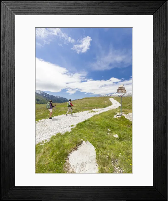 Framed Print : Hikers surrounded by green meadows Andossi Montespluga Chiavenna Valley Sondrio province