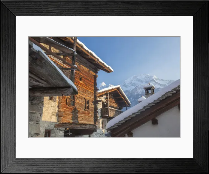 Framed Print : Snowy mountain huts framed by blue sky Soglio canton of Graubünden Maloja District Bregaglia Valley Engadine Switzerland Europe Framed Print : Snowy mountain huts framed by blue sky Soglio canton of Graubünden Maloja District Bregaglia Valley Engadine Switzerland Europe