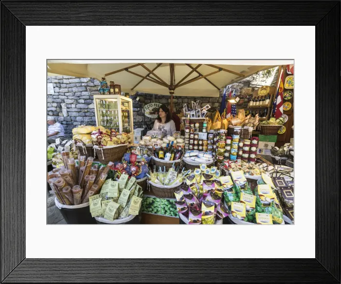 Framed Print : Gourmet products and typical food in the shops of the old alleys of Portovenere La Framed Print : Gourmet products and typical food in the shops of the old alleys of Portovenere La