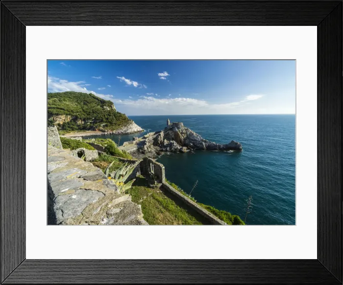 Framed Print : Top view of the old castle and church perched on the promontory Portovenere province Framed Print : Top view of the old castle and church perched on the promontory Portovenere province